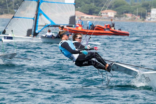Alex Maloney and Molly Meech aim at the camera - Womens 49erFX, Final Day, 2014 ISAF Sailing World Cup Hyeres © Thom Touw http://www.thomtouw.com